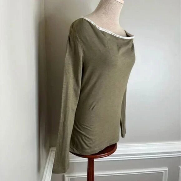 Billy Reid Boatneck Olive with White Piping Long Sleeve Shirt Size Medium - Picture 3 of 5